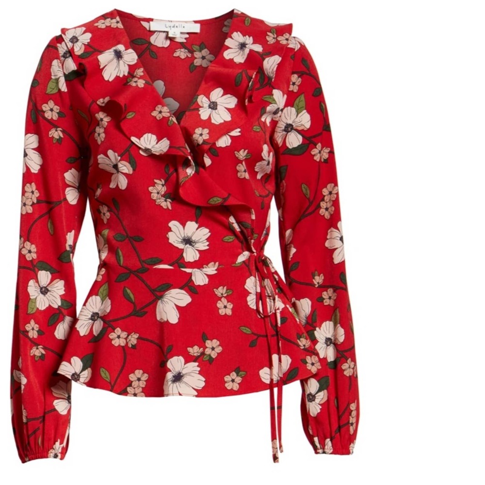 LYDELLE for NORDSTROM Women's Red/White Floral Surplice Ruffle Wrap Blouse sz S - Picture 2 of 8